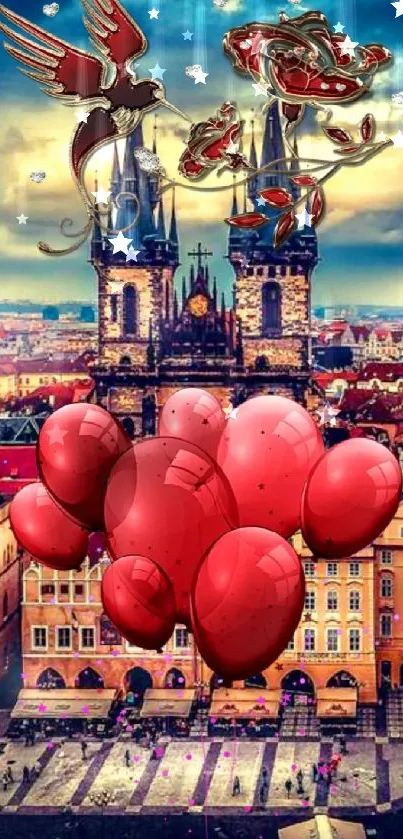 Cityscape with red balloons and mystical birds hovering in a fantasy setting.