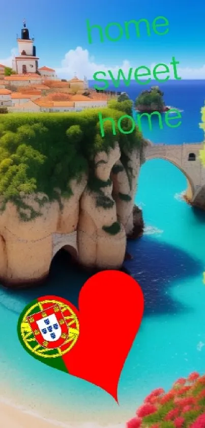 Charming coastal village with heart and Portuguese flag on mobile wallpaper.