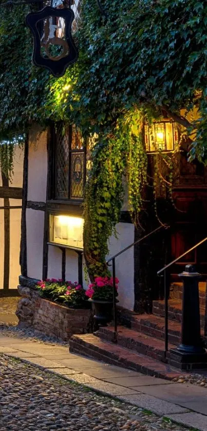 Charming cobblestone path and ivy-draped cottage in evening light.