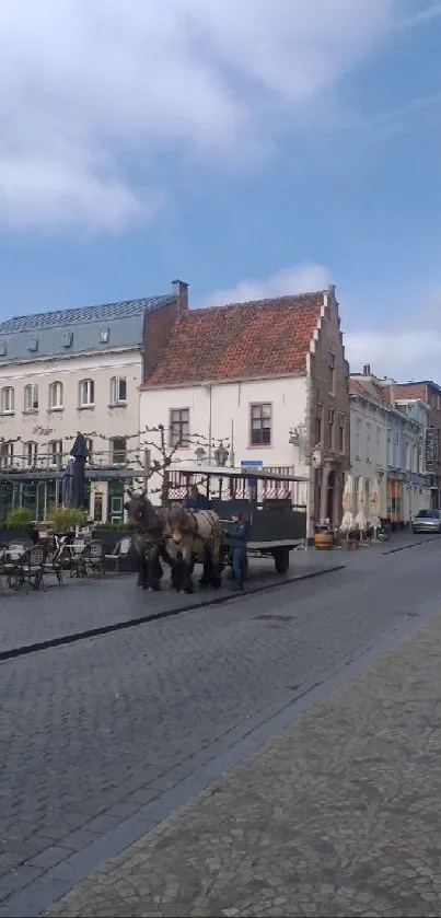 Gray cobblestone street in historic town with horse carriage and blue sky.