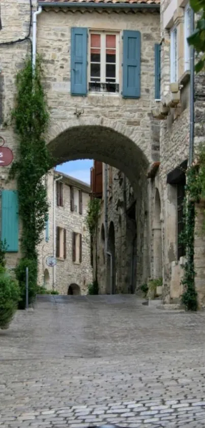 Cobblestone street with stone buildings and blue shutters.