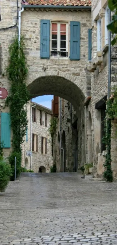 Rustic European cobblestone street with stone buildings and vibrant shutters.