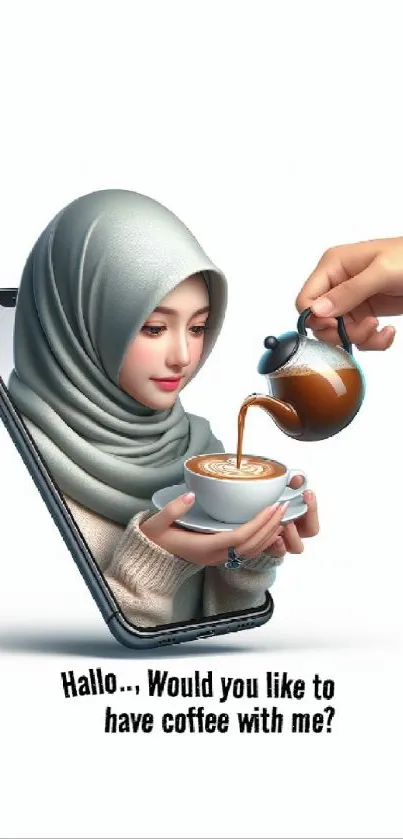 Elegant digital art of a woman inviting for coffee through a smartphone screen.