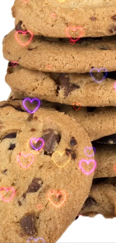 Stacked chocolate chip cookies with neon heart overlays.