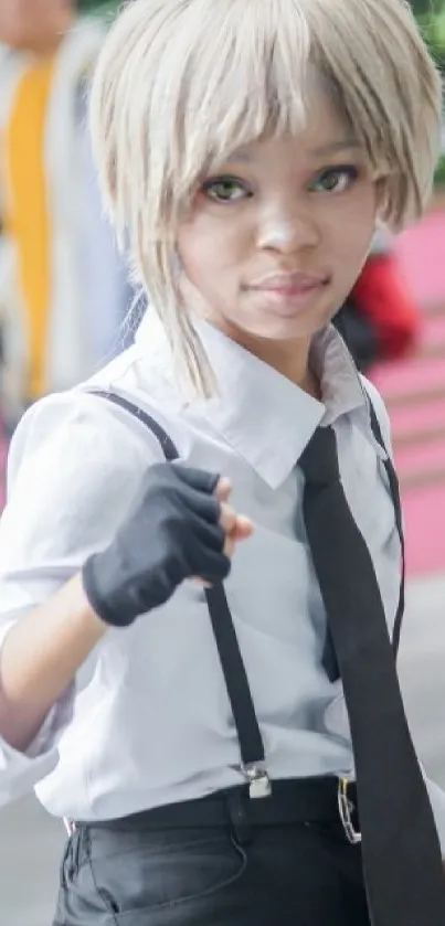 Young cosplayer in striking attire posing confidently.