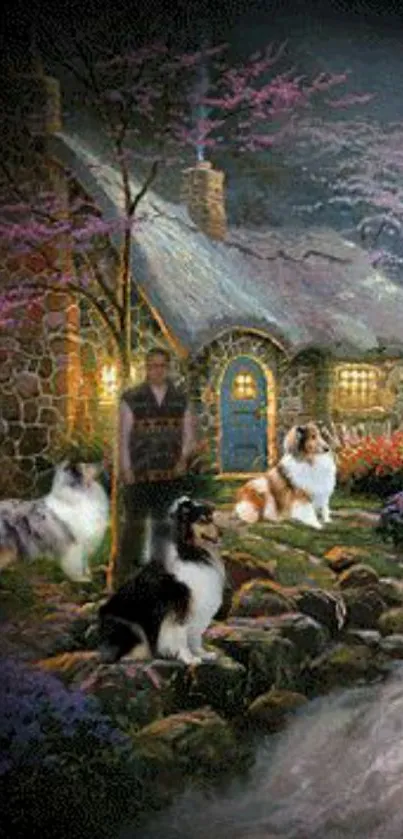 A cozy stone cottage with collie dogs in a vibrant garden setting under a night sky.