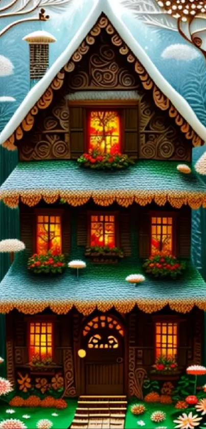 Enchanted cottage with warm glow in autumn forest art.