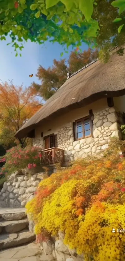 Charming stone cottage surrounded by vibrant autumn colors and lush garden.