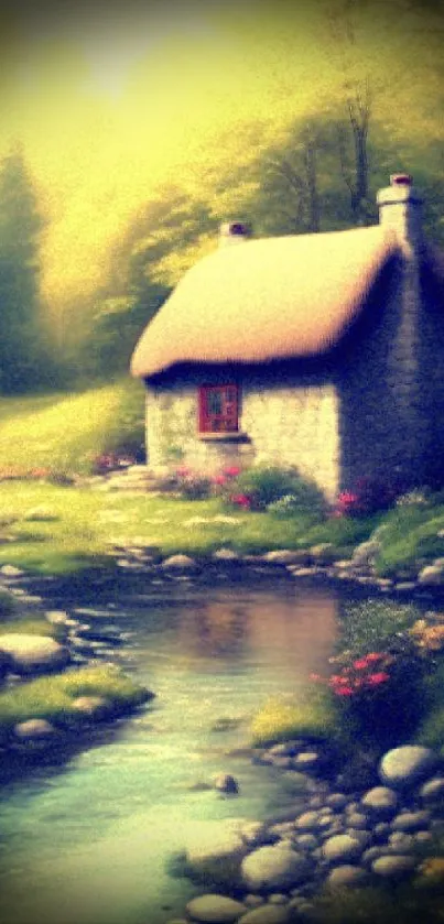 Charming stone cottage beside a flowing river, surrounded by lush greenery.