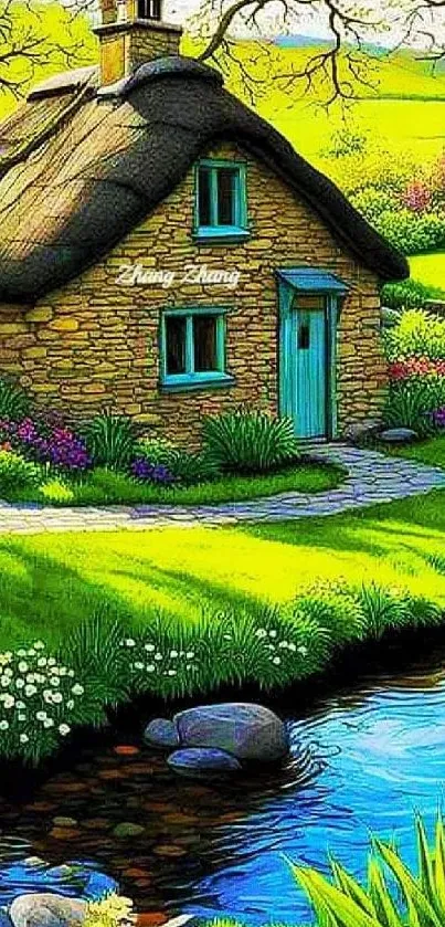 A charming stone cottage by a serene stream in a lush green landscape.