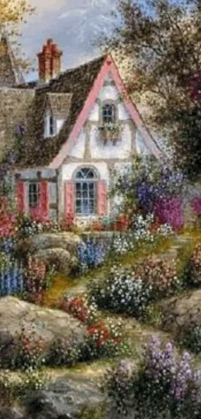 Charming countryside cottage with lush garden and colorful flowers.