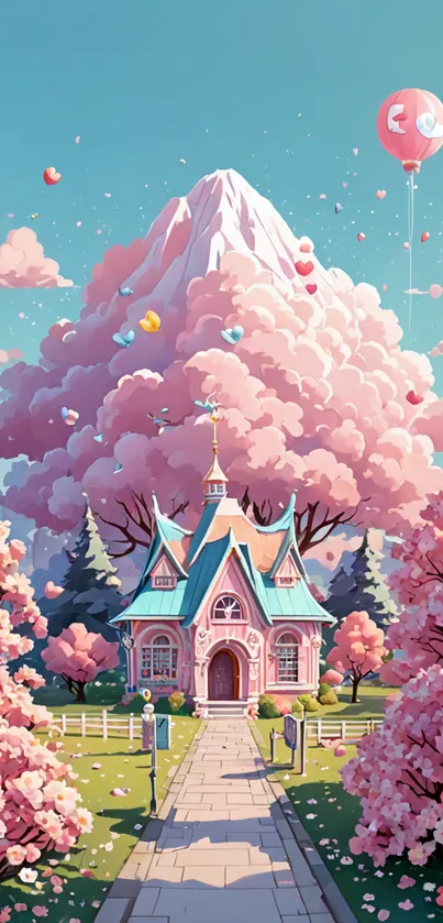 Cottage with pink blossoms in fantasy landscape.