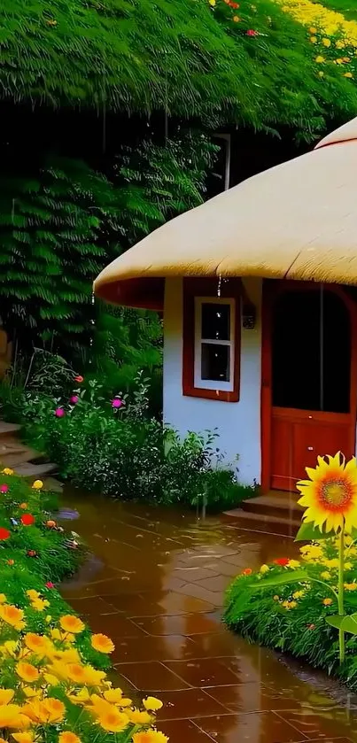 Charming cottage surrounded by vibrant flowers and lush greenery in a serene setting.