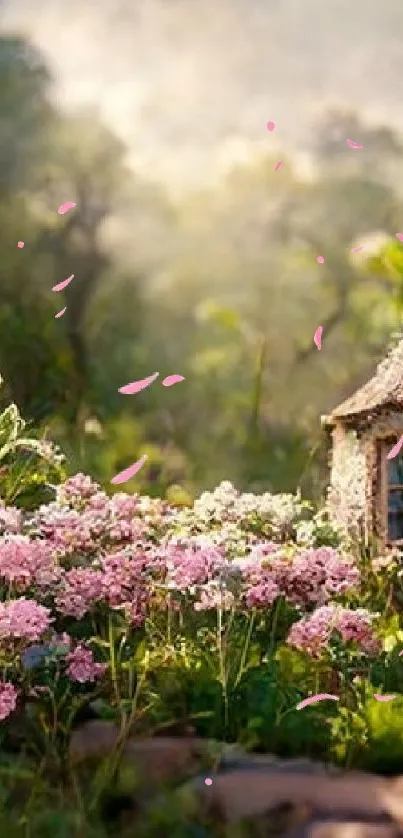 Charming cottage with lush pink flowers and greenery.