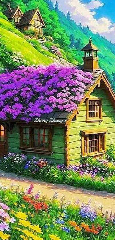 Charming cottage with flowers on lush green hillside.