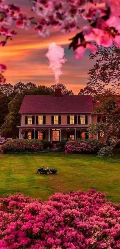 Mobile wallpaper of a cottage with pink blossoms at sunset.