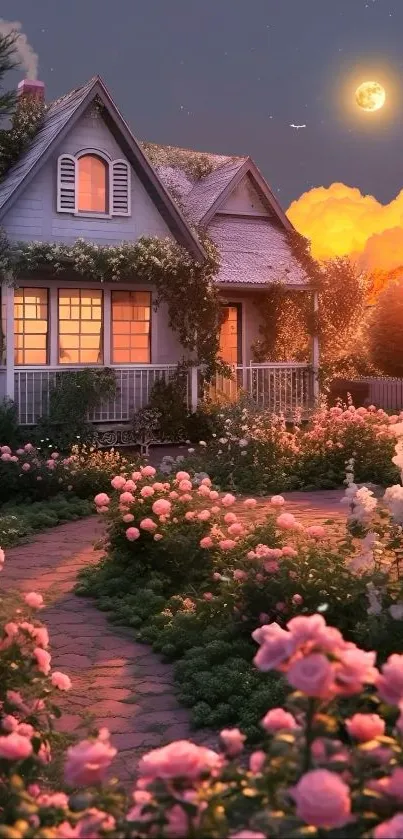 Cottage with pink roses under a moonlit sky.