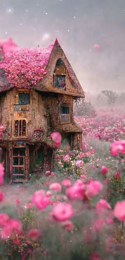 Charming wooden cottage surrounded by pink blossoms in a dreamy field.