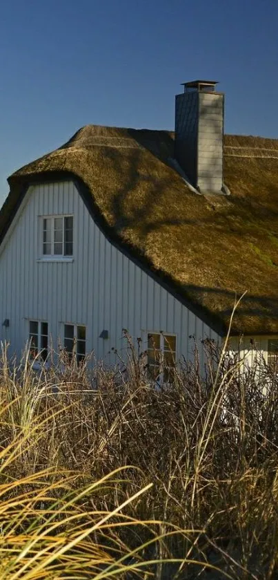 Charming cottage with thatched roof under clear blue sky.