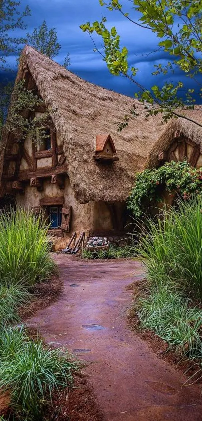 Charming cottage with thatched roof surrounded by greenery and a winding path.