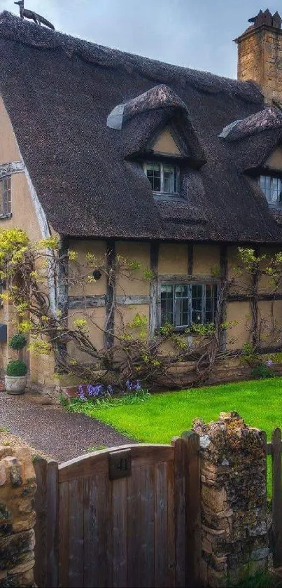 Charming English cottage with thatched roof and lush garden.