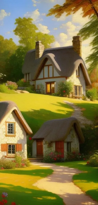 Charming cottages surrounded by lush greenery under a bright blue sky.