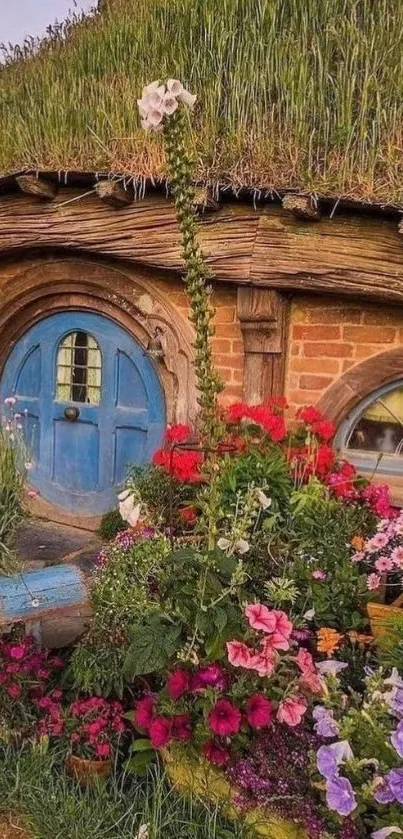 Charming cottage with blue door and vibrant flower garden.