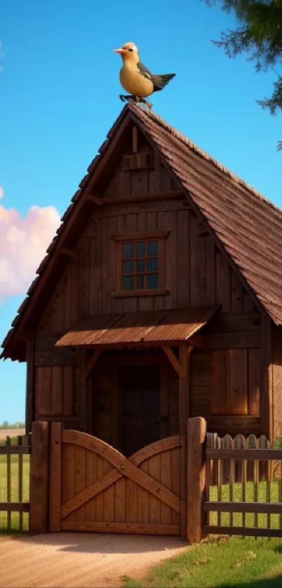 Charming rustic cottage with bird on rooftop under clear blue sky.