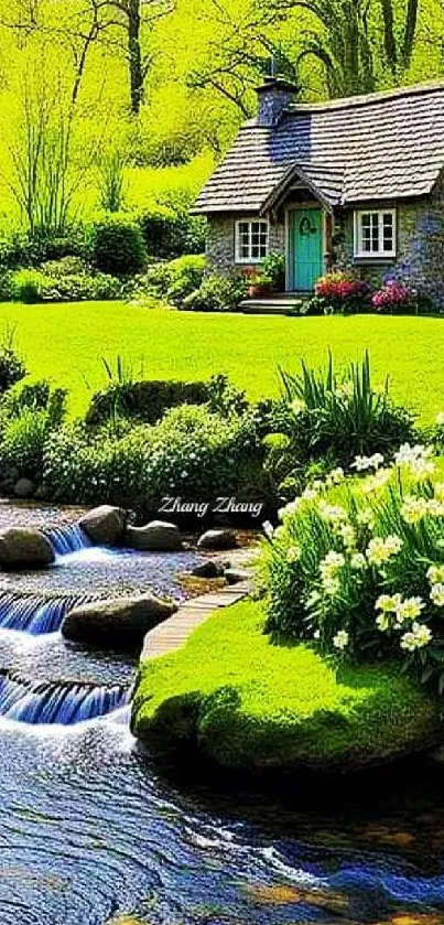 Charming stone cottage with vibrant garden and stream.