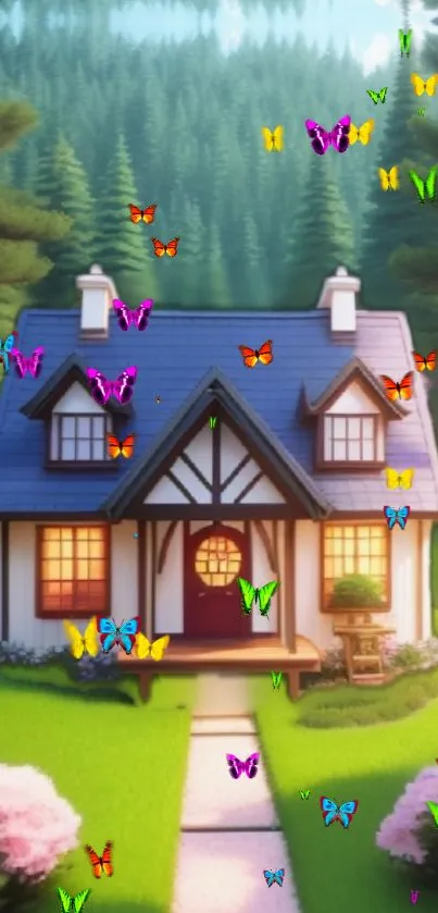 Charming cottage with colorful butterflies around.