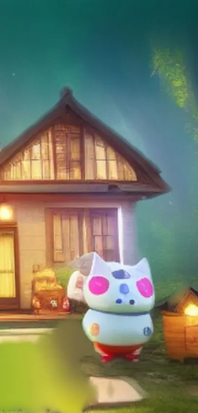 Whimsical wallpaper with cottage and cat figurine in forest setting.