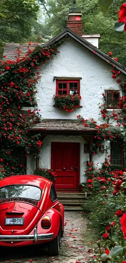 Scenic cottage with red VW Beetle and roses.