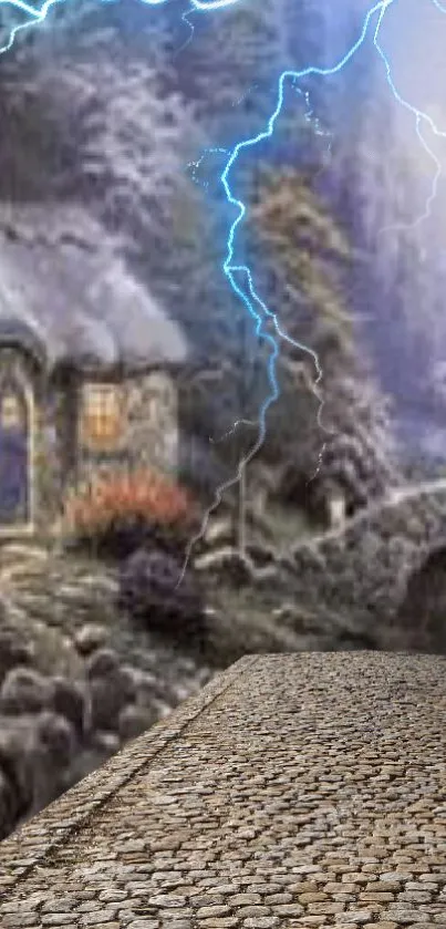 Stone cottage amidst storm with lightning