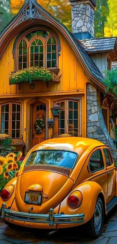 Vintage yellow car in front of charming cottage with sunflowers.
