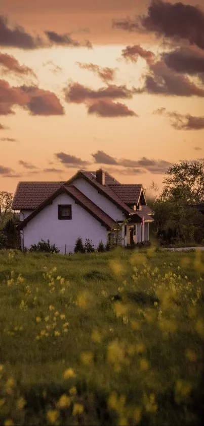 Country farmhouse at sunset with lush green fields and a colorful sky.