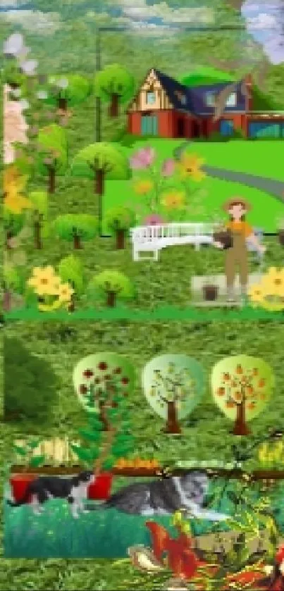 Colorful animated countryside scene with nature and characters.