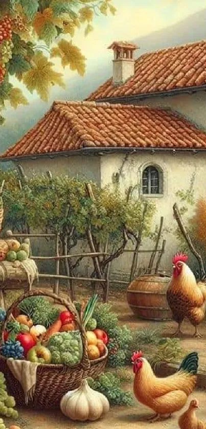 Charming rustic scene with house, vegetables, and chickens.