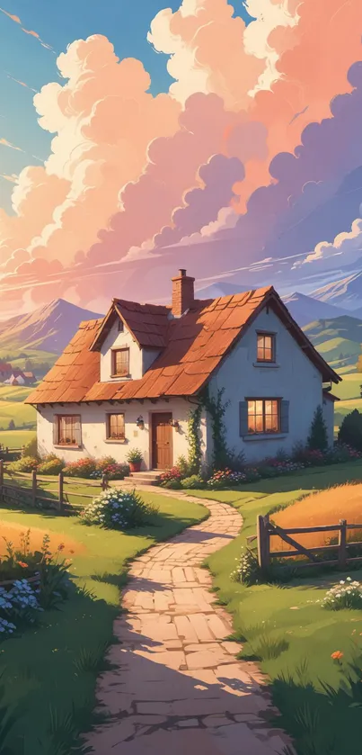 Charming cottage with sunset sky and vibrant countryside scenery.