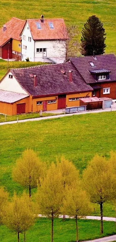 Countryside house with lush green landscape.