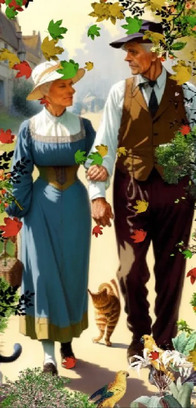 Vintage artwork of a couple walking with cats in a scenic countryside.