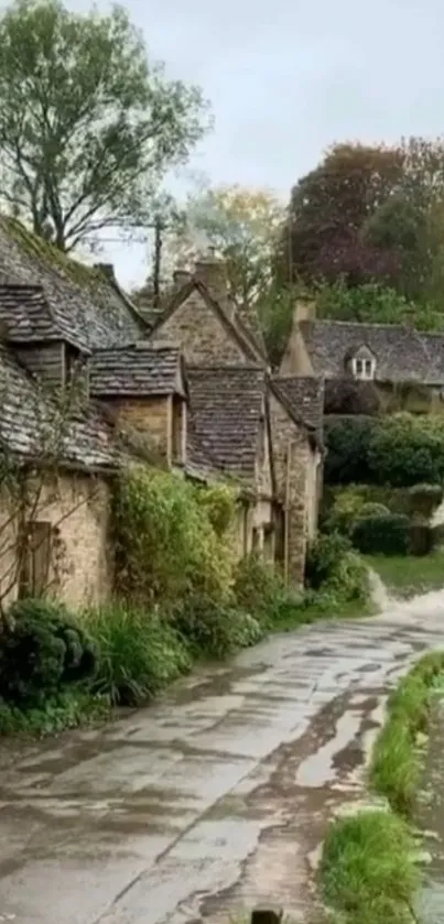 Charming countryside village with stone cottages and greenery.