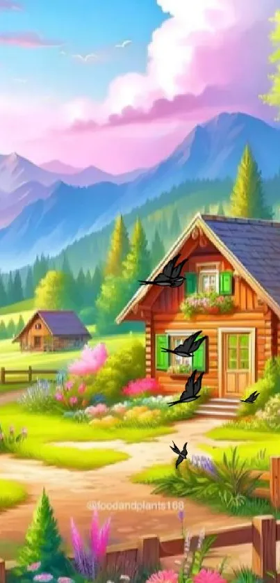 Charming cabin landscape with mountains and colorful garden.