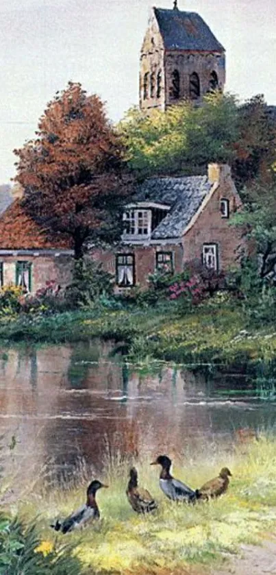 Charming countryside cottage by a river with ducks in a scenic landscape.