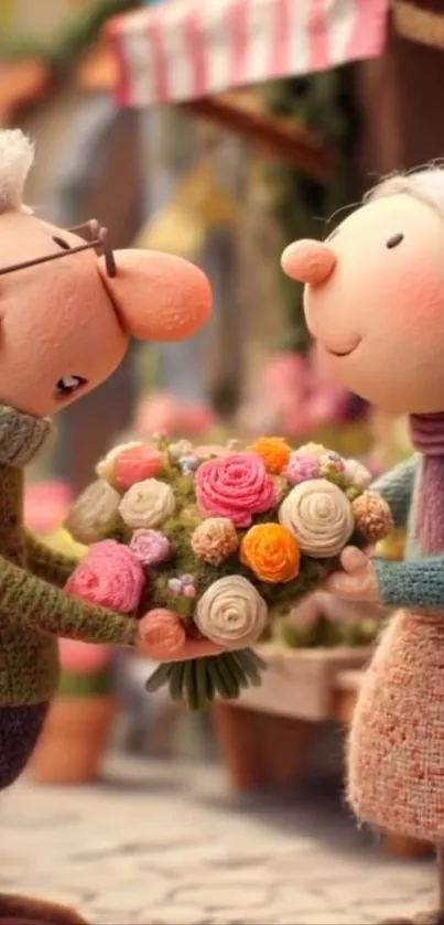 Elderly couple exchanging flowers in a cozy setting.