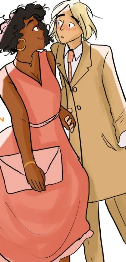 Cartoon couple in pink and beige outfits with a small heart above them.