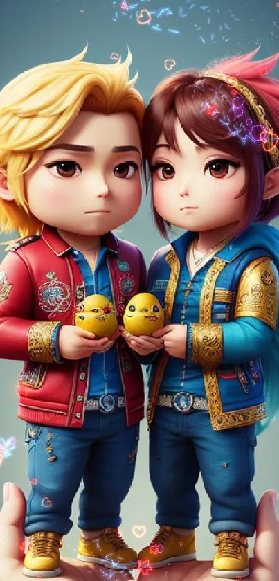 Charming couple figurines with colorful outfits and cute expressions.