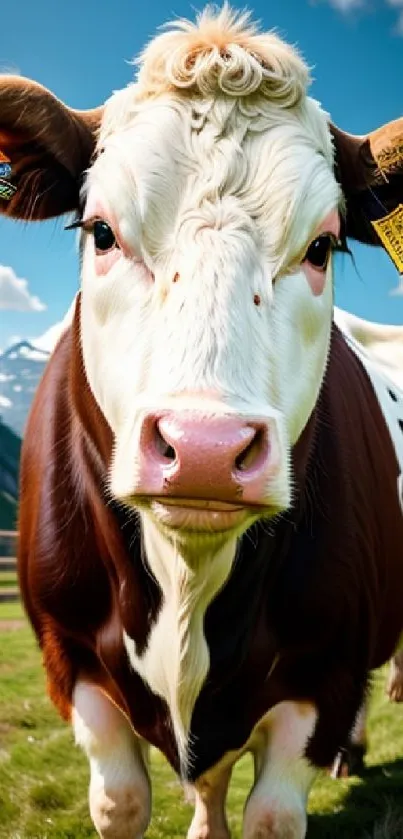 Curious cow stands in green meadow with distant mountains.