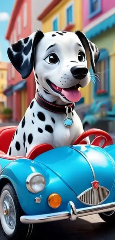 Dalmatian cartoon driving a colorful toy car on a vibrant street.