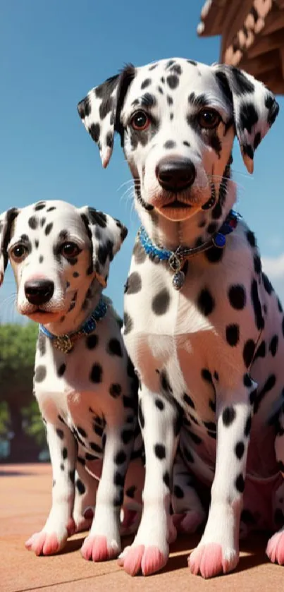 Two Dalmatian puppies sitting on a sunny patio.