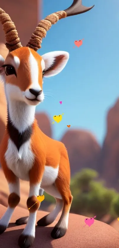 Cartoon deer standing on a desert rock with a vibrant landscape.